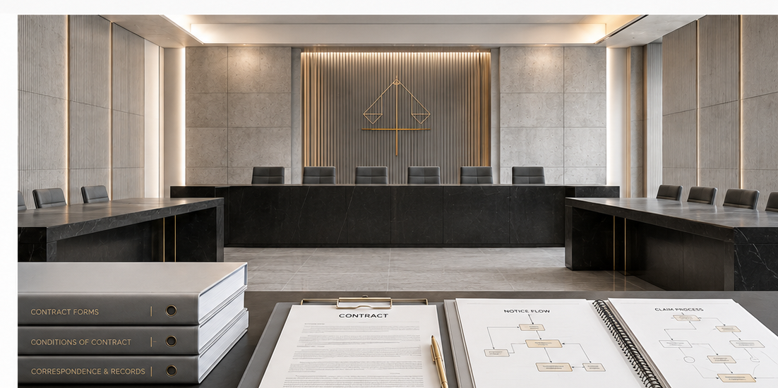 Arbitration hearing room with scales of justice motif